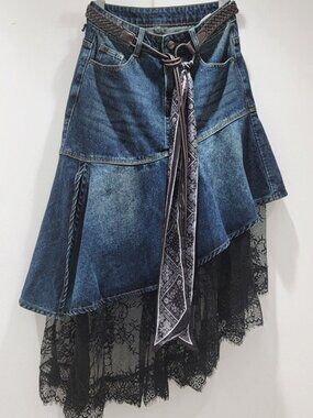 Asymmetric Denim Midi Skirt